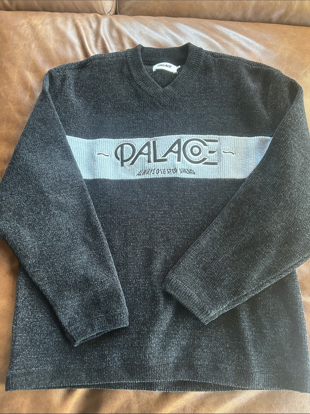 PALACE Black V-Neck Obsission Knit Sweater Chest Stripe and Logo
